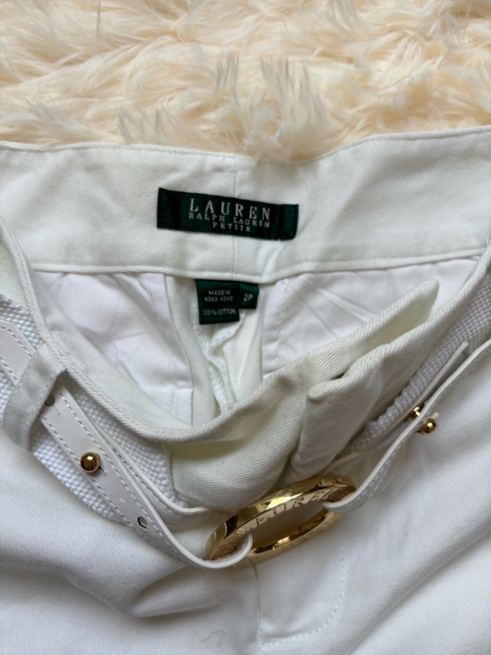Lauren Ralph Lauren Petite Shorts 2P White Cotton Gold Ring Belt NWT - Picture 3 of 4